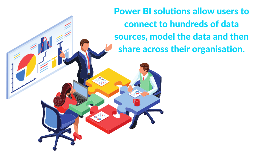Colourful Graphic of a busy Board Meeting Explaining Power BI Solutions
