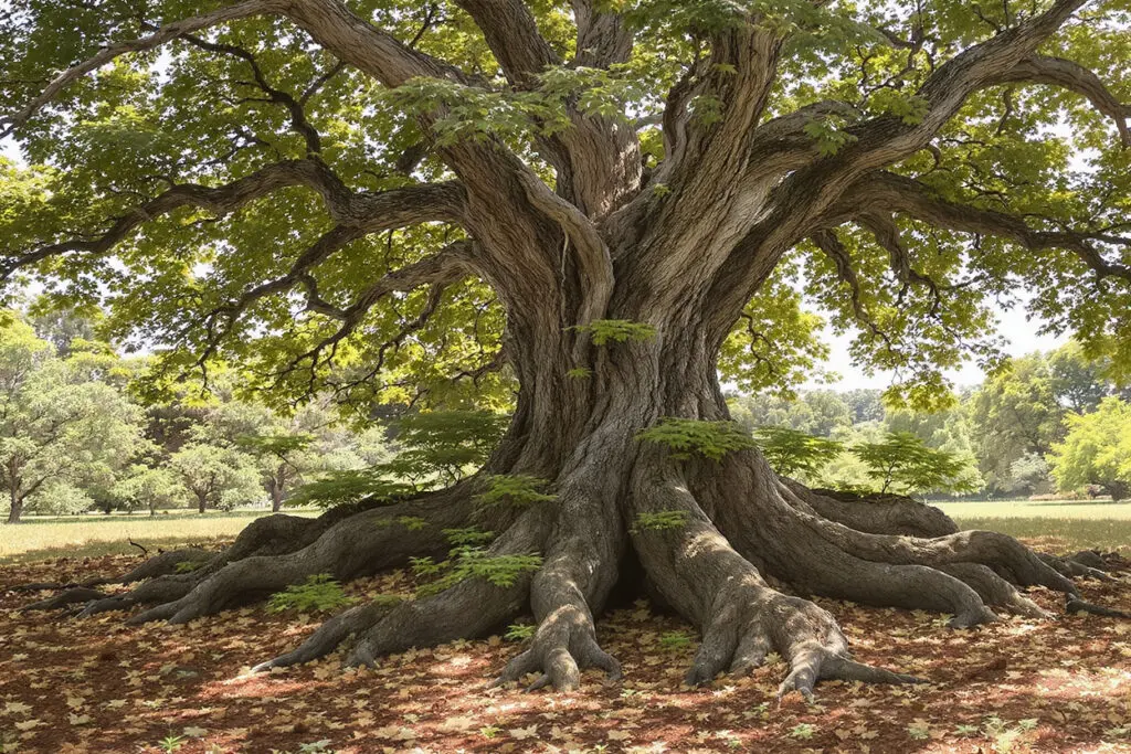 A strong deeply rooted oak tree nourishing younger saplings symbolizing the future impact of E-E-A-T on SEO -  Rank Your Domain | SEO That Converts Clicks to Customers A strong deeply rooted oak tree nourishing younger saplings symbolizing the future impact of E-E-A-T on SEO
