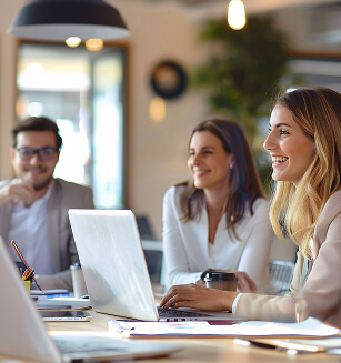 A team of SEO specialists smiling during a collaborative strategy meeting in their office