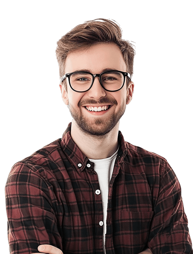 Smiling digital marketing professional with glasses -  Rank Your Domain | SEO That Converts Clicks to Customers Smiling digital marketing professional with glasses