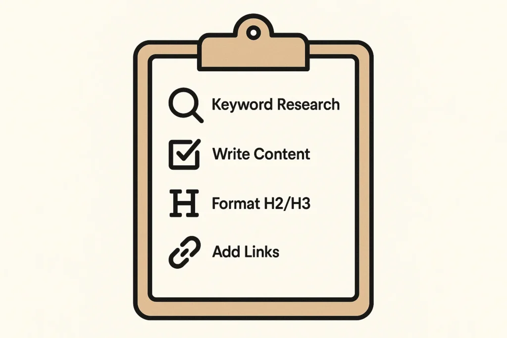 A checklist on a clipboard illustrating the step-by-step process of writing an SEO blog post including research writing formatting and linking -  Rank Your Domain | SEO That Converts Clicks to Customers A checklist on a clipboard illustrating the step-by-step process of writing an SEO blog post including research writing formatting and linking
