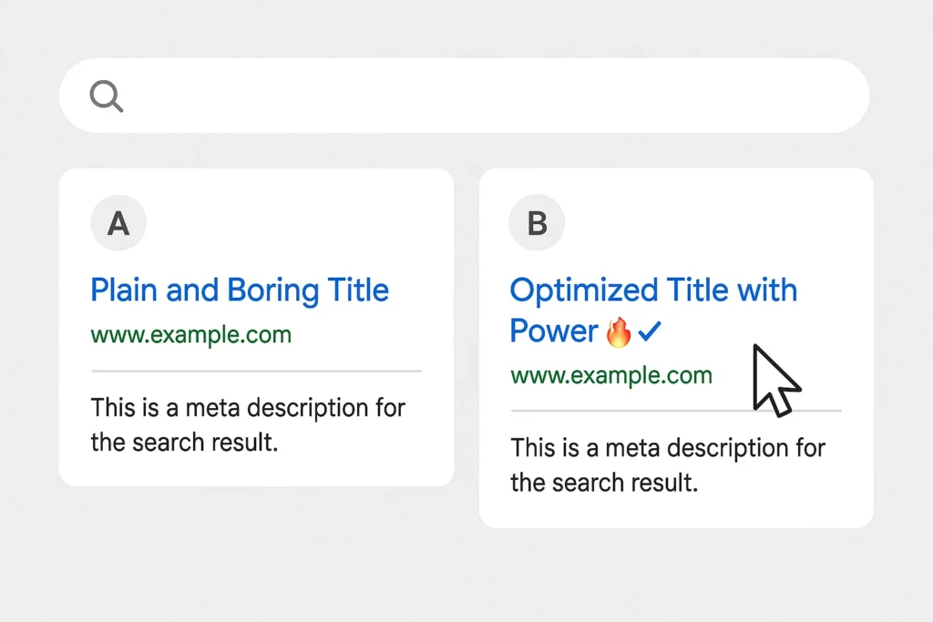 A graphic comparing two title tags showing how an optimized title attracts more clicks on a search results page -  Rank Your Domain | SEO That Converts Clicks to Customers A graphic comparing two title tags showing how an optimized title attracts more clicks on a search results page