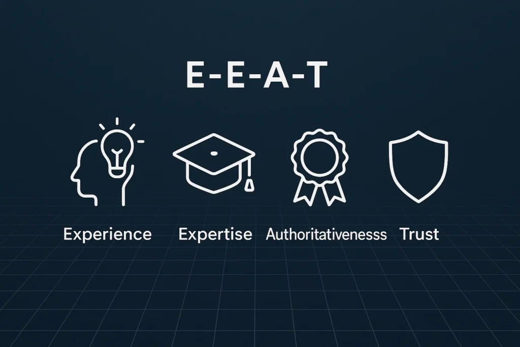 A modern graphic illustrating the four components of Googles E-E-A-T for SEO Experience Expertise Authoritativeness and Trust -  Rank Your Domain | SEO That Converts Clicks to Customers A modern graphic illustrating the four components of Googles E-E-A-T for SEO Experience Expertise Authoritativeness and Trust