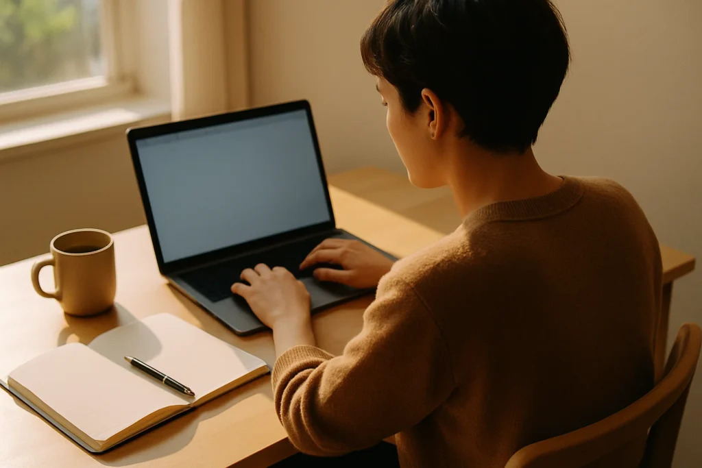 A person learning SEO content writing at a sunlit desk with a laptop and notebook symbolizing a beginners guide -  Rank Your Domain | SEO That Converts Clicks to Customers A person learning SEO content writing at a sunlit desk with a laptop and notebook symbolizing a beginners guide