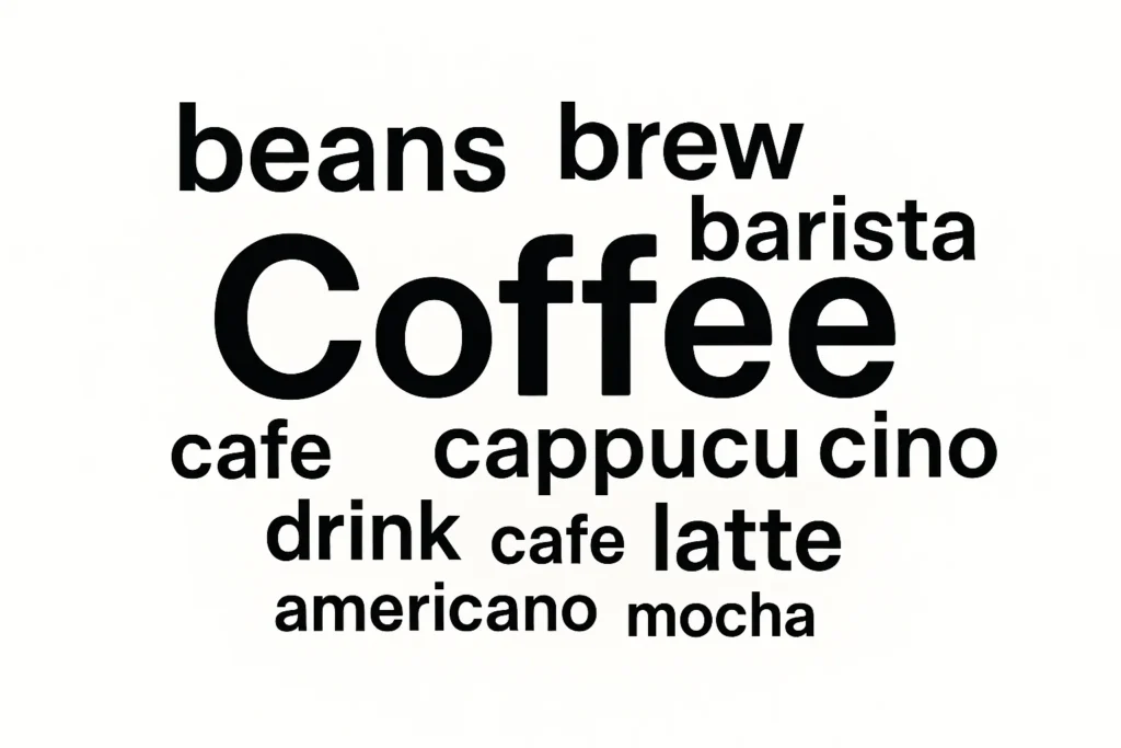 A word cloud demonstrating LSI keywords with the main topic Coffee surrounded by related terms like beans brew and espresso -  Rank Your Domain | SEO That Converts Clicks to Customers A word cloud demonstrating LSI keywords with the main topic Coffee surrounded by related terms like beans brew and espresso
