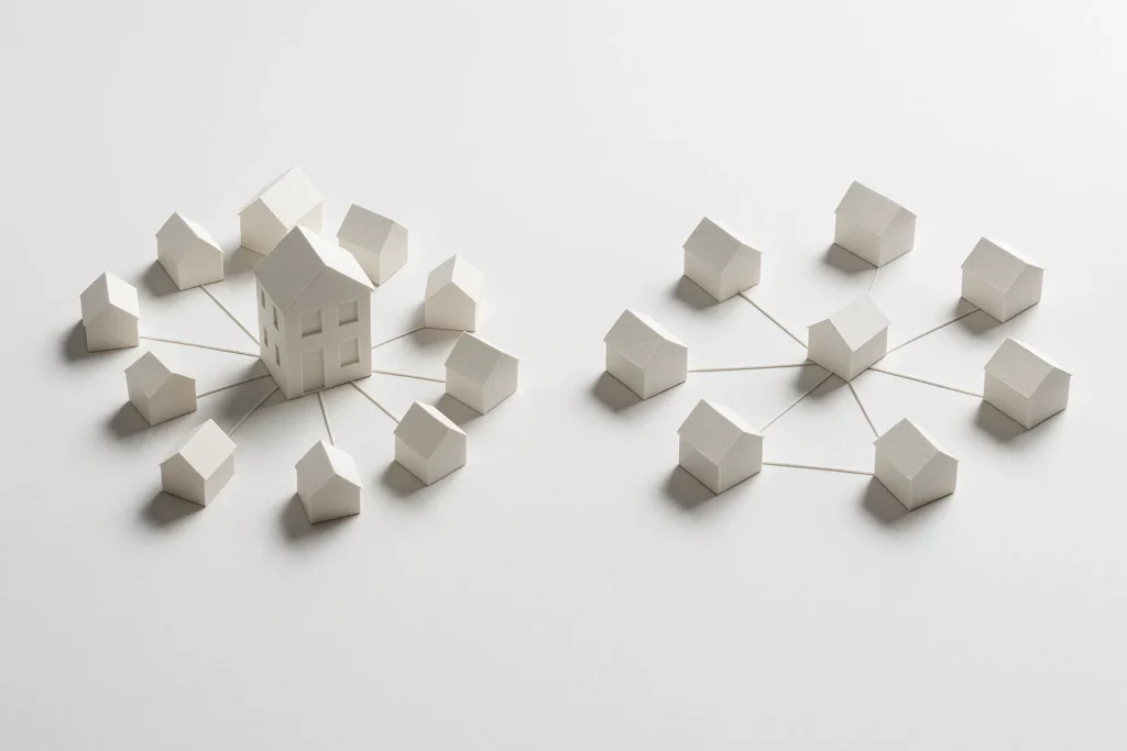 An aerial view of two architectural models one with a central structure surrounded by smaller ones pillar page and another with interconnected equally sized structures topic clusters -  Rank Your Domain | SEO That Converts Clicks to Customers An aerial view of two architectural models one with a central structure surrounded by smaller ones pillar page and another with interconnected equally sized structures topic clusters