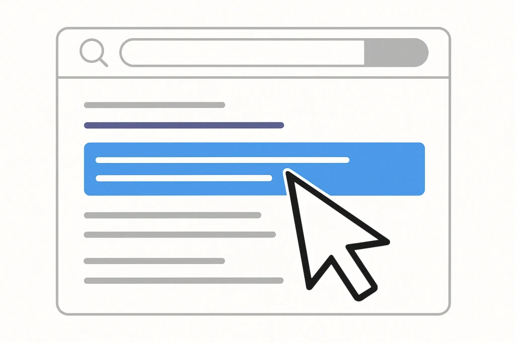 An illustration of a search engine result with a highlighted meta description and a cursor clicking it symbolizing a high click-through rate CTR -  Rank Your Domain | SEO That Converts Clicks to Customers An illustration of a search engine result with a highlighted meta description and a cursor clicking it symbolizing a high click-through rate CTR