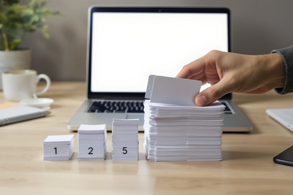 Hands organizing numbered index cards into a sequence on a desk representing a step-by-step guide to writing SEO blog posts